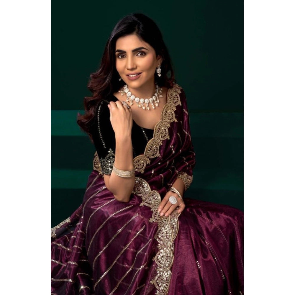 Generic Women's Net Sequence Saree With Unstitched Blouse 5.5Mtr (Maroon)