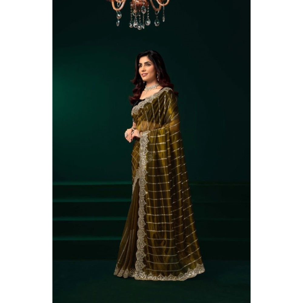 Generic Women's Net Sequence Saree With Unstitched Blouse 5.5Mtr (Olive)