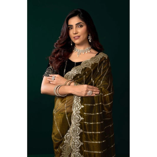Generic Women's Net Sequence Saree With Unstitched Blouse 5.5Mtr (Olive)