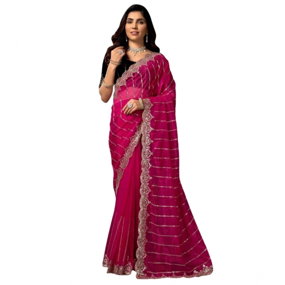 Generic Women's Net Sequence Saree With Unstitched Blouse 5.5Mtr (Pink)