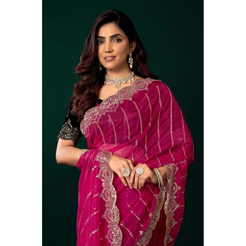 Generic Women's Net Sequence Saree With Unstitched Blouse 5.5Mtr (Pink)