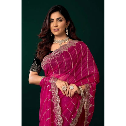Generic Women's Net Sequence Saree With Unstitched Blouse 5.5Mtr (Pink)