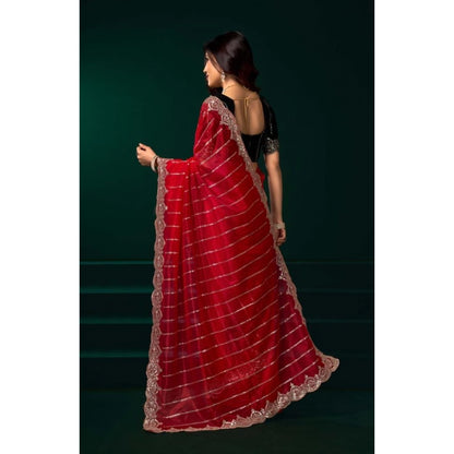Generic Women's Net Sequence Saree With Unstitched Blouse 5.5Mtr (Red)
