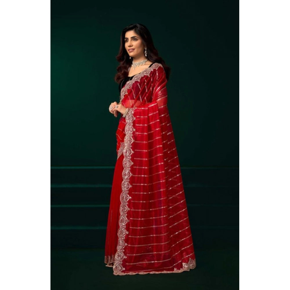 Generic Women's Net Sequence Saree With Unstitched Blouse 5.5Mtr (Red)