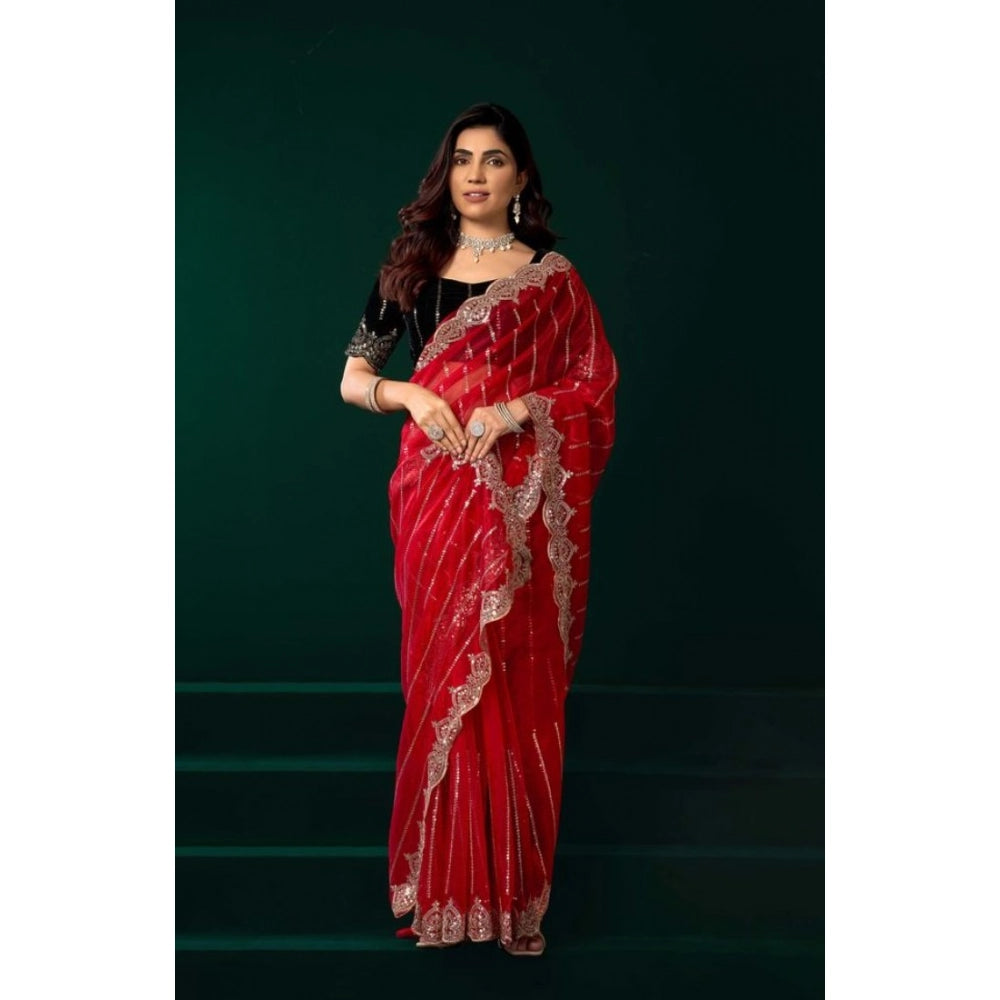 Generic Women's Net Sequence Saree With Unstitched Blouse 5.5Mtr (Red)