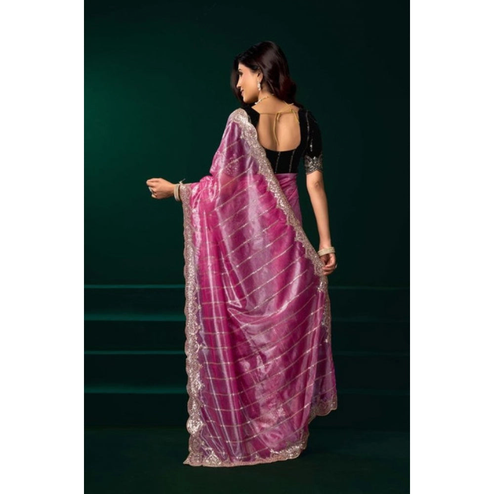 Generic Women's Net Sequence Saree With Unstitched Blouse 5.5Mtr (Pink)