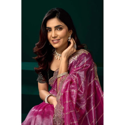 Generic Women's Net Sequence Saree With Unstitched Blouse 5.5Mtr (Pink)