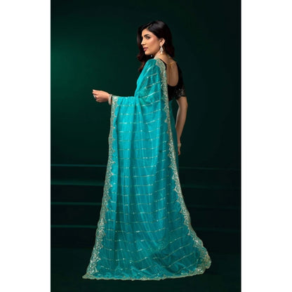 Generic Women's Net Sequence Saree With Unstitched Blouse 5.5Mtr (Turquoise)