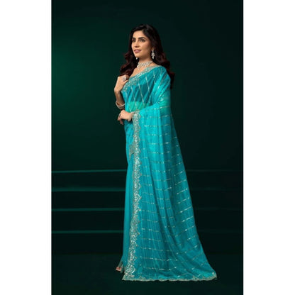 Generic Women's Net Sequence Saree With Unstitched Blouse 5.5Mtr (Turquoise)