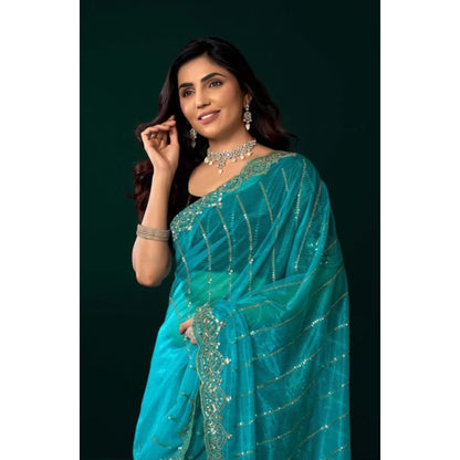 Generic Women's Net Sequence Saree With Unstitched Blouse 5.5Mtr (Turquoise)