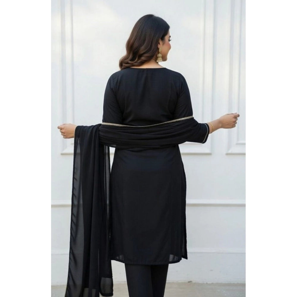 Generic Women's Georgette Ethnic Motif Round 3/4th Sleeve Kurti With Pant Dupatta Set (Black)