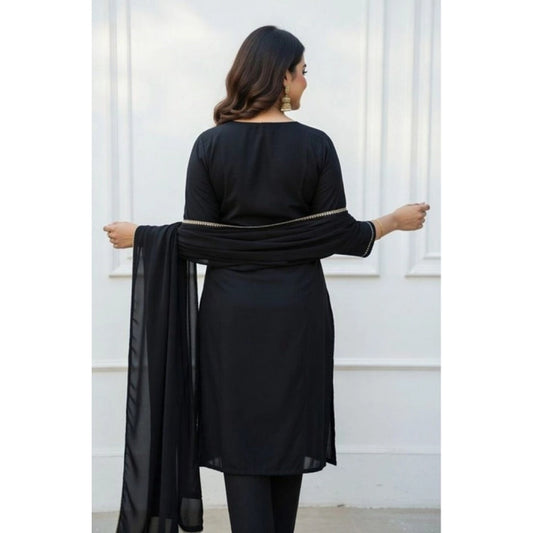 Generic Women's Georgette Ethnic Motif Round 3/4th Sleeve Kurti With Pant Dupatta Set (Black)
