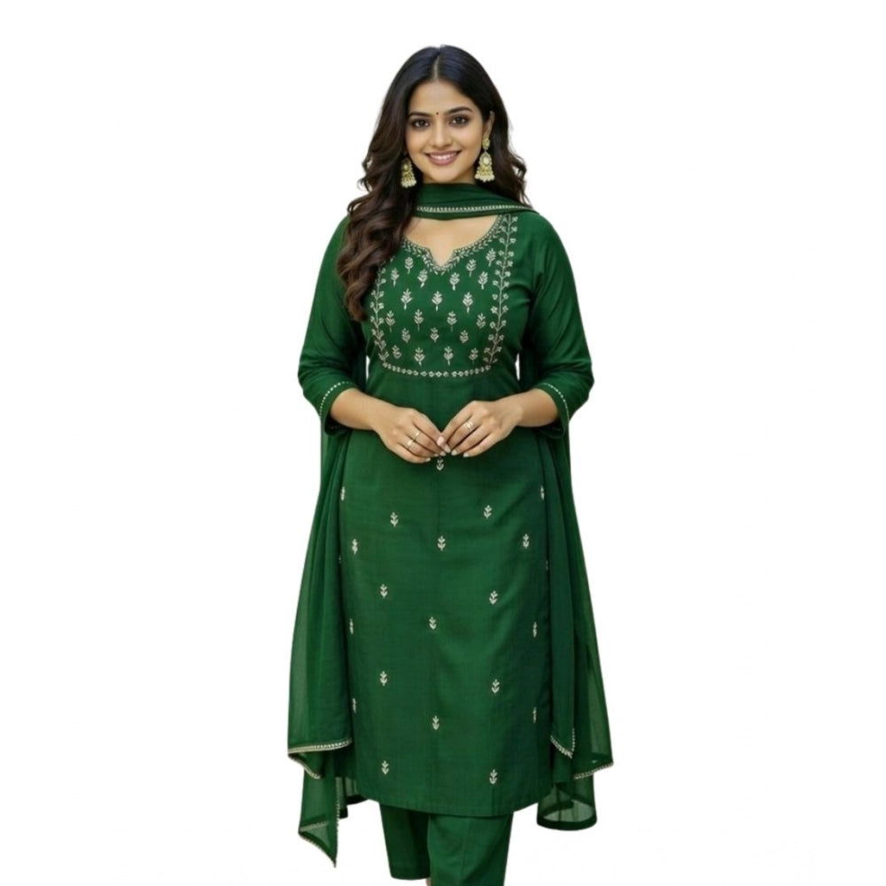 Generic Women's Georgette Ethnic Motif Round 3/4th Sleeve Kurti With Pant Dupatta Set (Green)