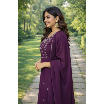 Generic Women's Georgette Ethnic Motif Round 3/4th Sleeve Kurti With Pant Dupatta Set (Magenta)