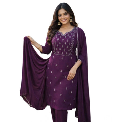 Generic Women's Georgette Ethnic Motif Round 3/4th Sleeve Kurti With Pant Dupatta Set (Magenta)