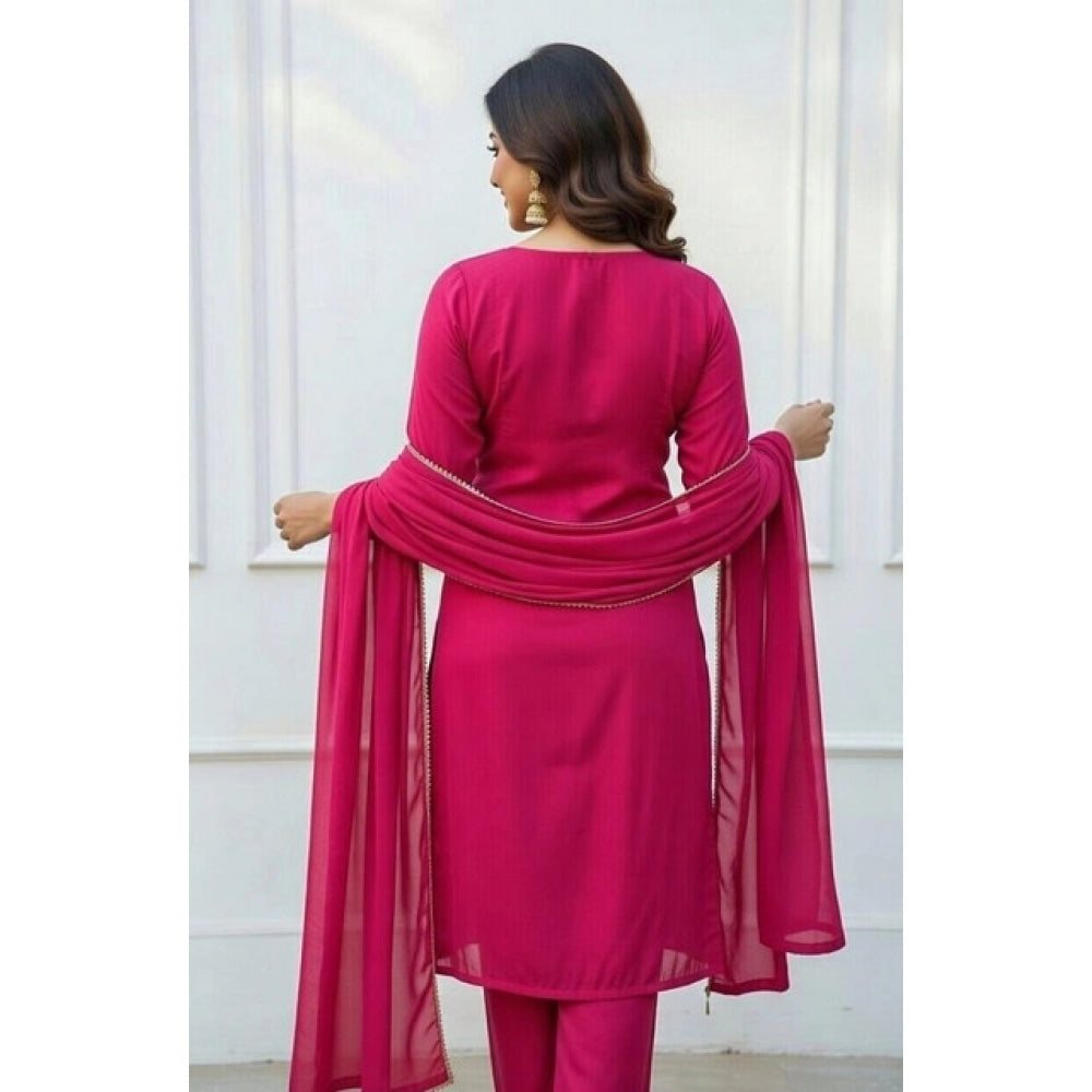 Generic Women's Georgette Ethnic Motif Round 3/4th Sleeve Kurti With Pant Dupatta Set (Pink)