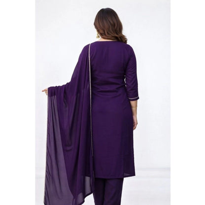 Generic Women's Georgette Ethnic Motif Round 3/4th Sleeve Kurti With Pant Dupatta Set (Purple)