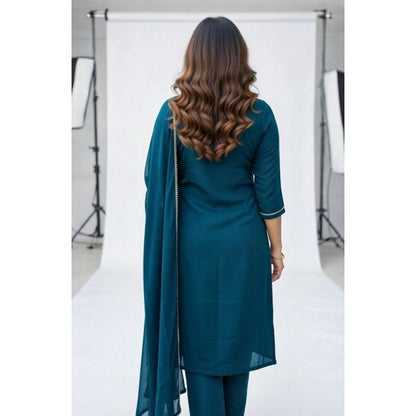 Generic Women's Georgette Ethnic Motif Round 3/4th Sleeve Kurti With Pant Dupatta Set (Teal)