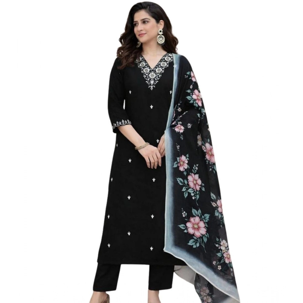 Generic Women's Chanderi Silk Ethnic Motif V-Neck 3/4th Sleeve Kurti With Pant Dupatta Set (Black)