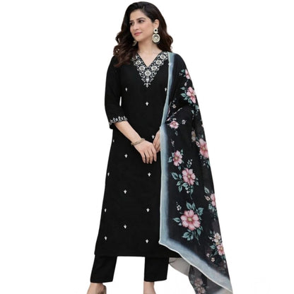 Generic Women's Chanderi Silk Ethnic Motif V-Neck 3/4th Sleeve Kurti With Pant Dupatta Set (Black)