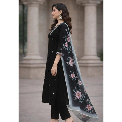 Generic Women's Chanderi Silk Ethnic Motif V-Neck 3/4th Sleeve Kurti With Pant Dupatta Set (Black)