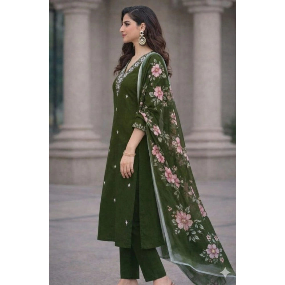 Generic Women's Chanderi Silk Ethnic Motif V-Neck 3/4th Sleeve Kurti With Pant Dupatta Set (Mahendi)
