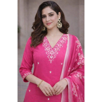 Generic Women's Chanderi Silk Ethnic Motif V-Neck 3/4th Sleeve Kurti With Pant Dupatta Set (Pink)