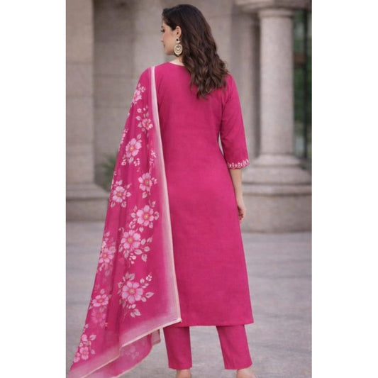Generic Women's Chanderi Silk Ethnic Motif V-Neck 3/4th Sleeve Kurti With Pant Dupatta Set (Pink)