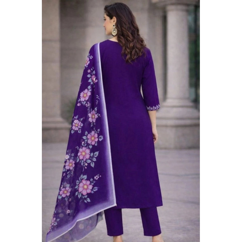 Generic Women's Chanderi Silk Ethnic Motif V-Neck 3/4th Sleeve Kurti With Pant Dupatta Set (Purple)