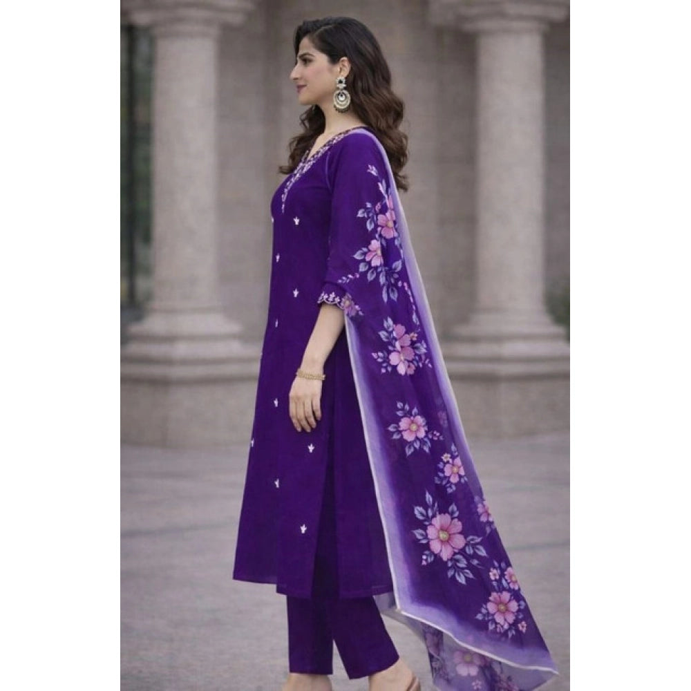 Generic Women's Chanderi Silk Ethnic Motif V-Neck 3/4th Sleeve Kurti With Pant Dupatta Set (Purple)