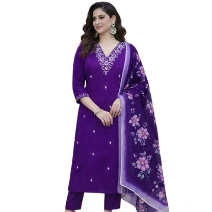 Generic Women's Chanderi Silk Ethnic Motif V-Neck 3/4th Sleeve Kurti With Pant Dupatta Set (Purple)