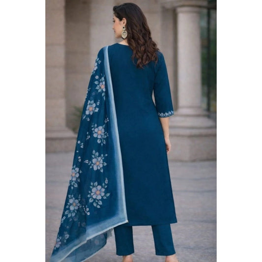 Generic Women's Chanderi Silk Ethnic Motif V-Neck 3/4th Sleeve Kurti With Pant Dupatta Set (Teal)