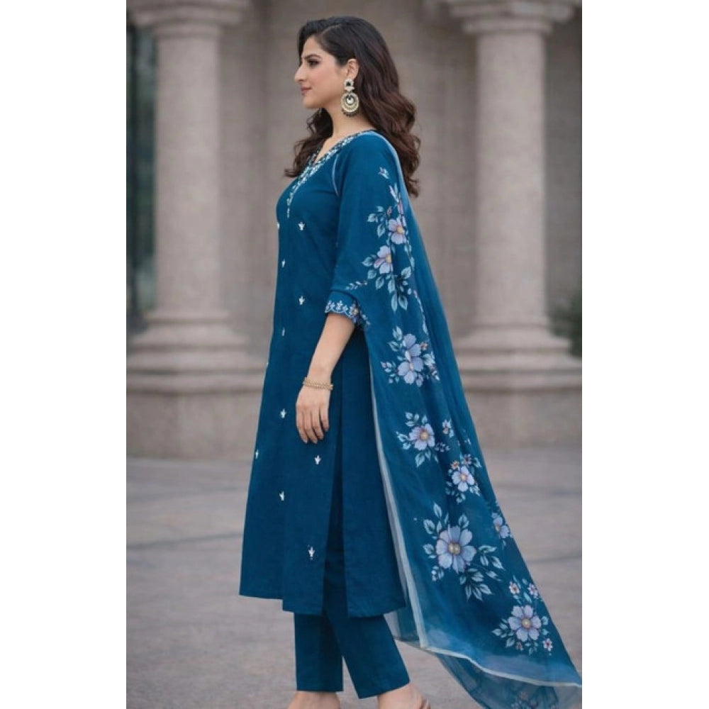 Generic Women's Chanderi Silk Ethnic Motif V-Neck 3/4th Sleeve Kurti With Pant Dupatta Set (Teal)