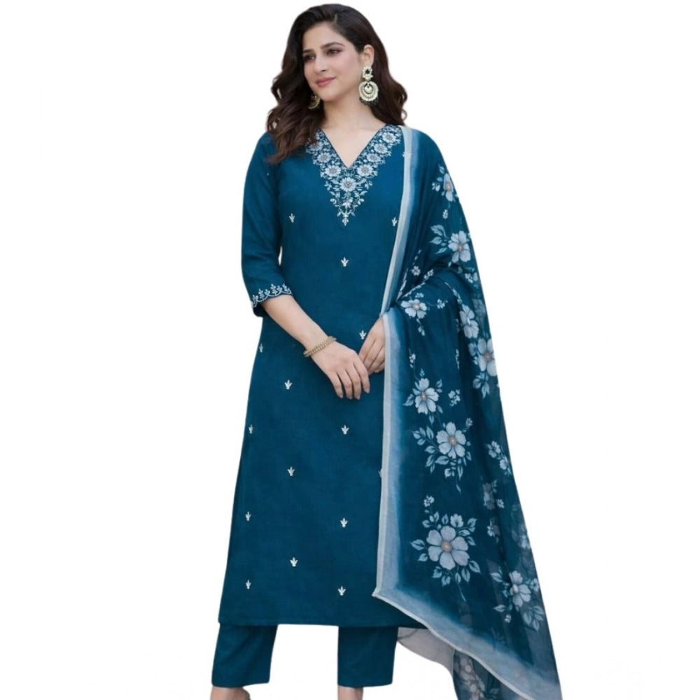 Generic Women's Chanderi Silk Ethnic Motif V-Neck 3/4th Sleeve Kurti With Pant Dupatta Set (Teal)