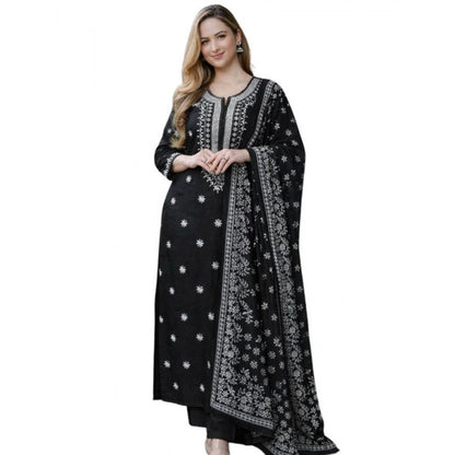 Generic Women's Chanderi Silk Ethnic Motif Round 3/4th Sleeve Kurti With Pant Dupatta Set (Black)