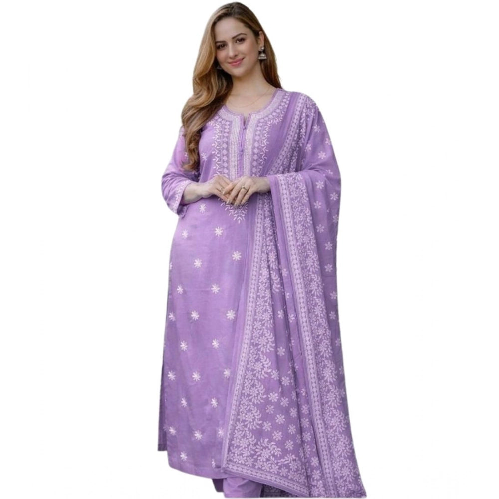Generic Women's Chanderi Silk Ethnic Motif Round 3/4th Sleeve Kurti With Pant Dupatta Set (Lavender)
