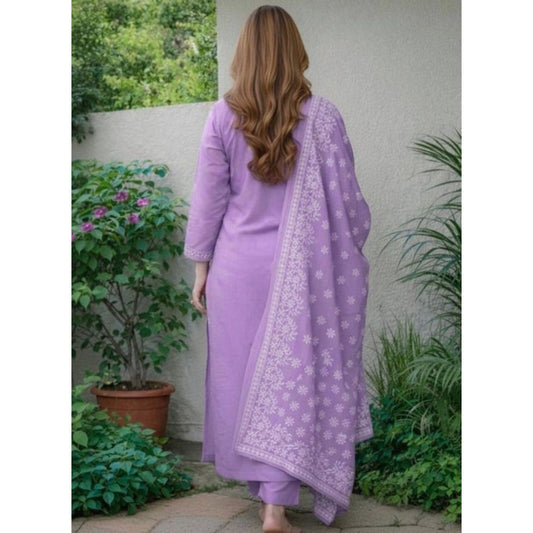Generic Women's Chanderi Silk Ethnic Motif Round 3/4th Sleeve Kurti With Pant Dupatta Set (Lavender)