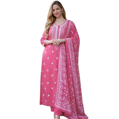 Generic Women's Chanderi Silk Ethnic Motif Round 3/4th Sleeve Kurti With Pant Dupatta Set (Pink)