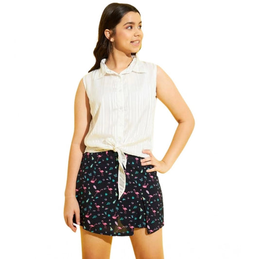 Generic Girl's Polyester Lurex Printed Sleeveless Top Set (White-Navy)