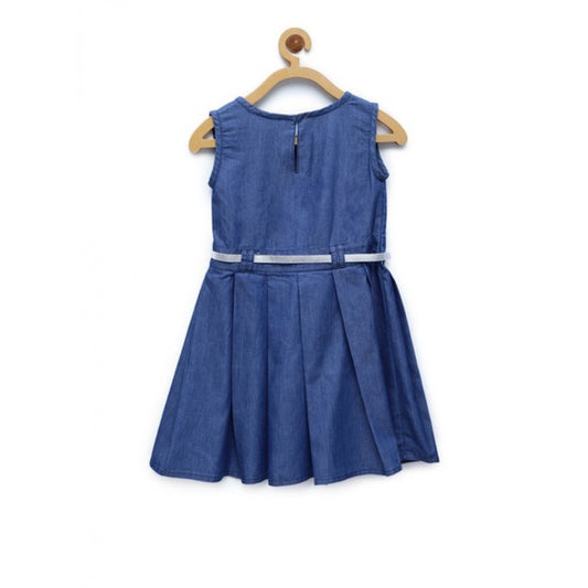 Generic Girl's Denim Embellished Sleeveless Dress with Belt (Blue)