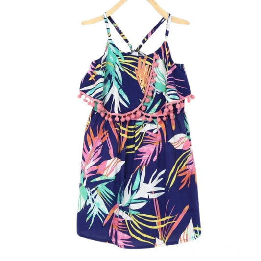 Generic Girl's Rayon Printed Shoulder Straps Dress (Navy Blue)