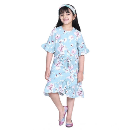 Generic Girl's Polyester Crepe Floral Bell Sleeve Dress (Turquoise Blue)