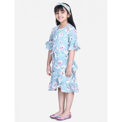 Generic Girl's Polyester Crepe Floral Bell Sleeve Dress (Turquoise Blue)
