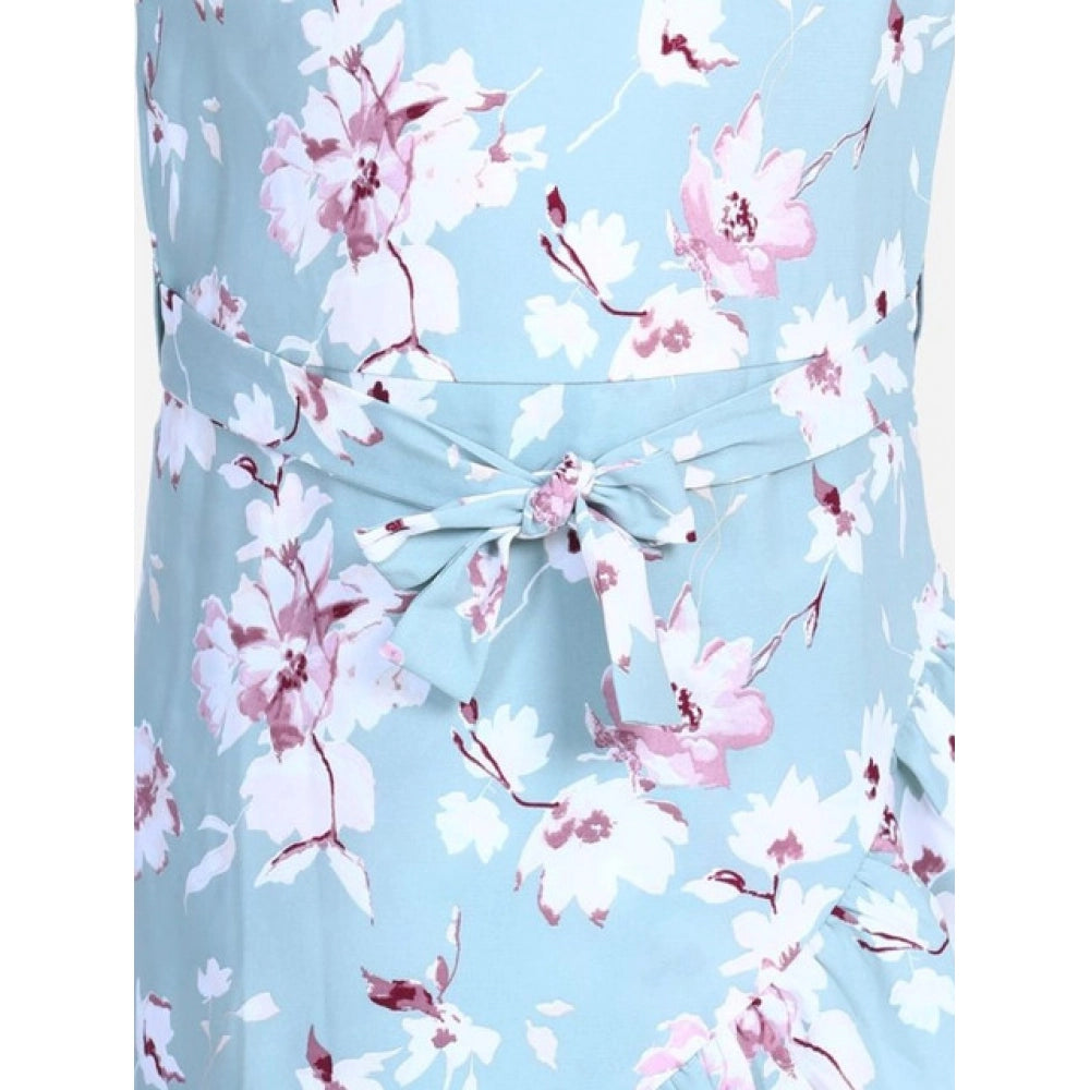Generic Girl's Polyester Crepe Floral Bell Sleeve Dress (Turquoise Blue)
