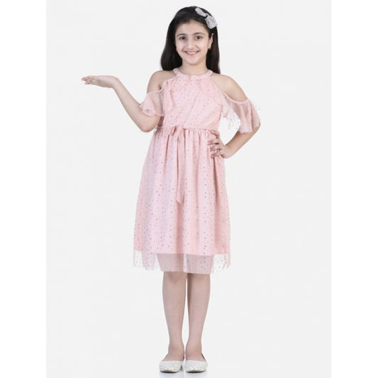 Generic Girl's Net Printed Sleeveless Dress (Blush Pink)