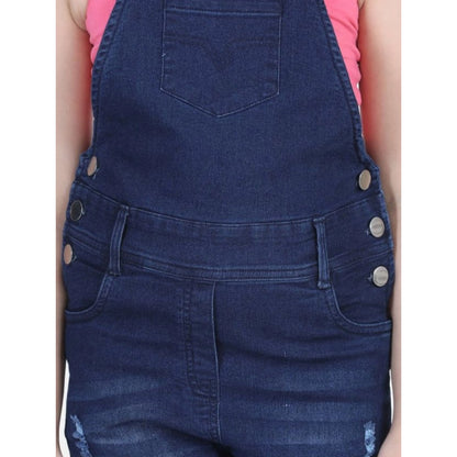 Generic Girl's Denim Distressed Buttoned Dungaree (Blue)
