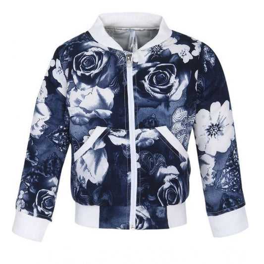 Generic Girl's Polyester Printed Long Sleeves Bomber Jacket (White-Blue)