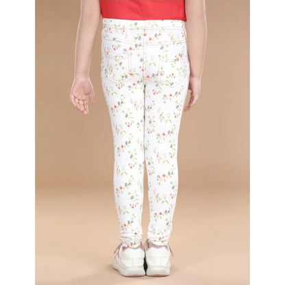 Generic Girl's Cotton Lycra Floral Elasticated Jeggings (White-Green)