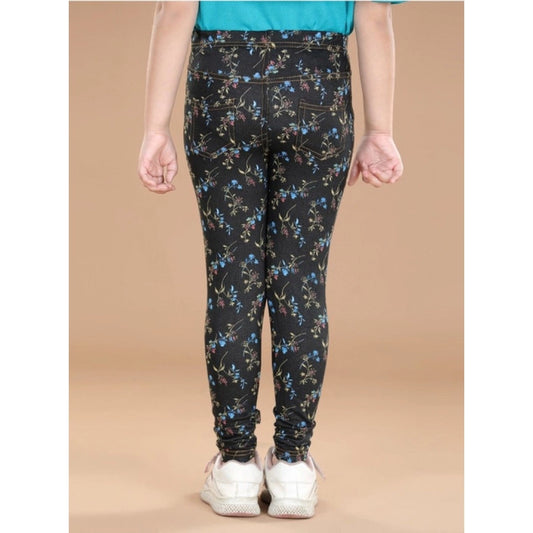 Generic Girl's Cotton Lycra Floral Elasticated Jeggings (Multicolor)