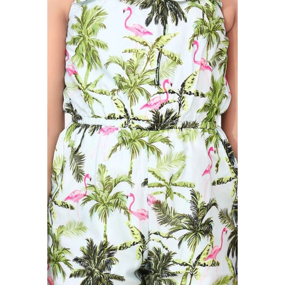 Generic Girl's Denim Embroidered Sleeveless Jumpsuit (White-Green)